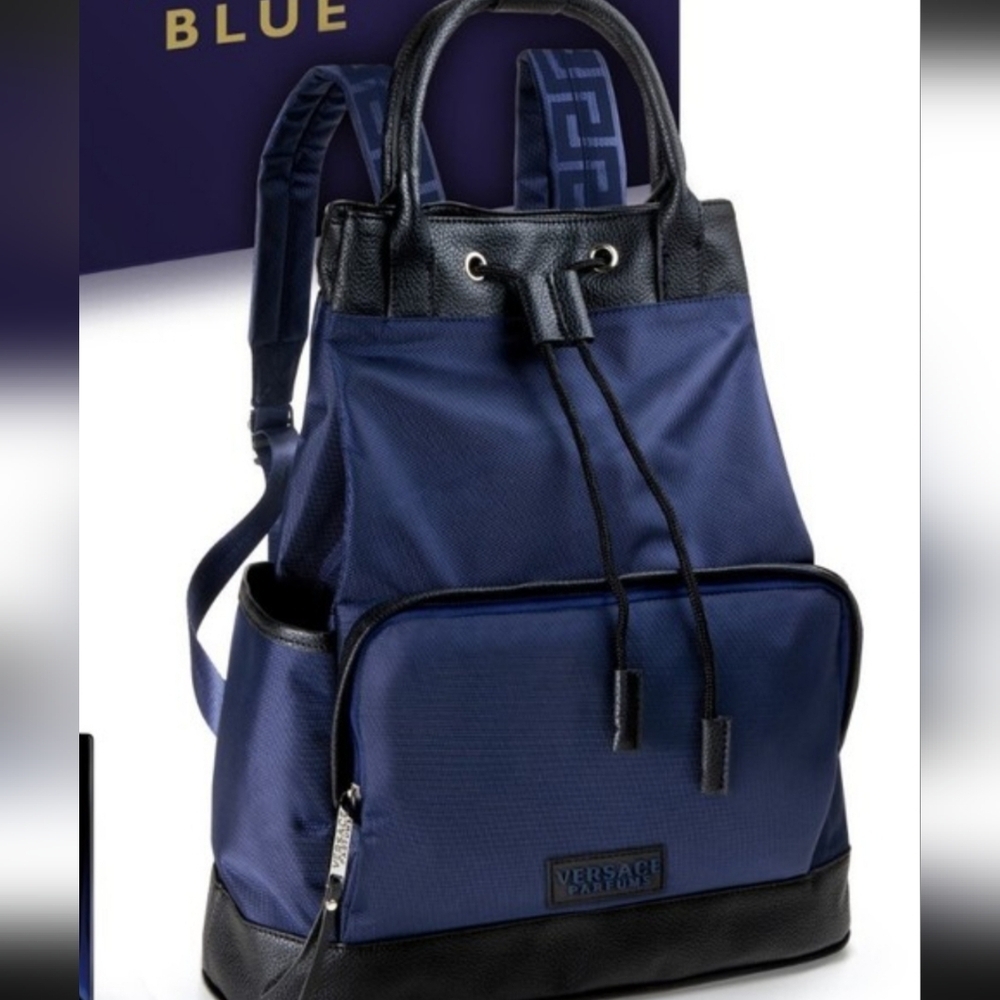 Versace Navy and Black Drawstring Backpack with Front Zip Pocket - Picture 10 of 10